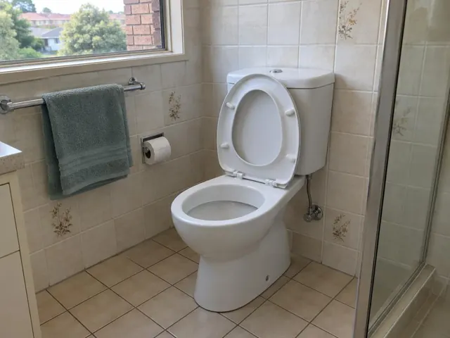 Clean white toilet in a tiled bathroom beside a towel rail and shower screen in St Ives