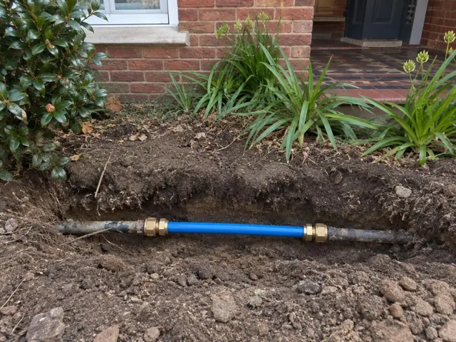 Open trench with repaired blue water pipe section beside a brick house in Turramurra