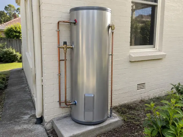 Outdoor hot water cylinder on a concrete pad beside a brick house wall in Wahroonga